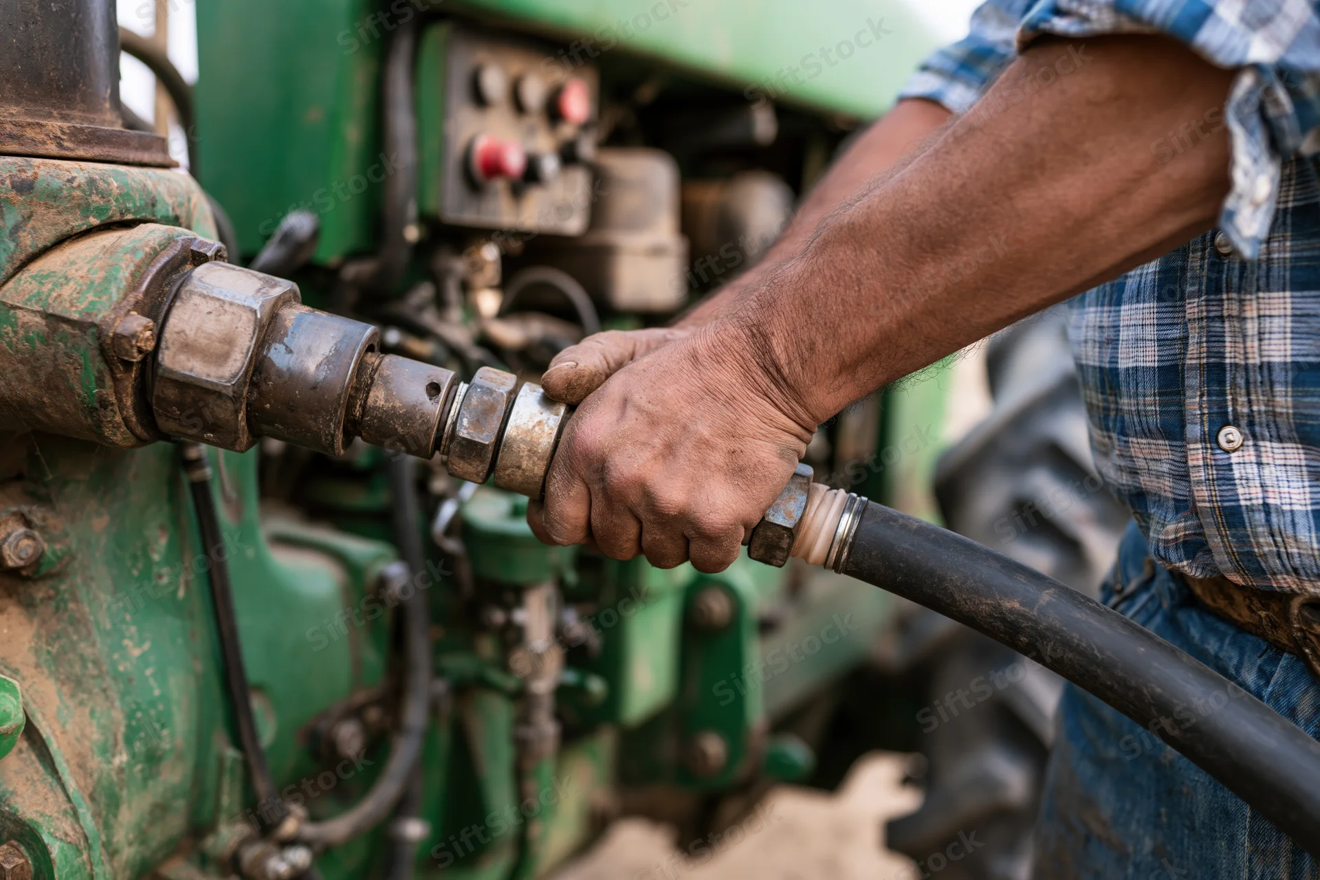 Farmer connecting a hose to a green tractor's hydraulic system outdoors