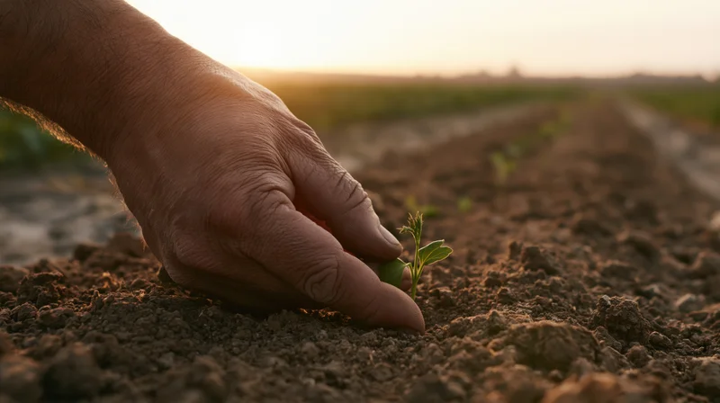 Farmer's hand planting a small green seedling in tilled soil at sunset in a rural field