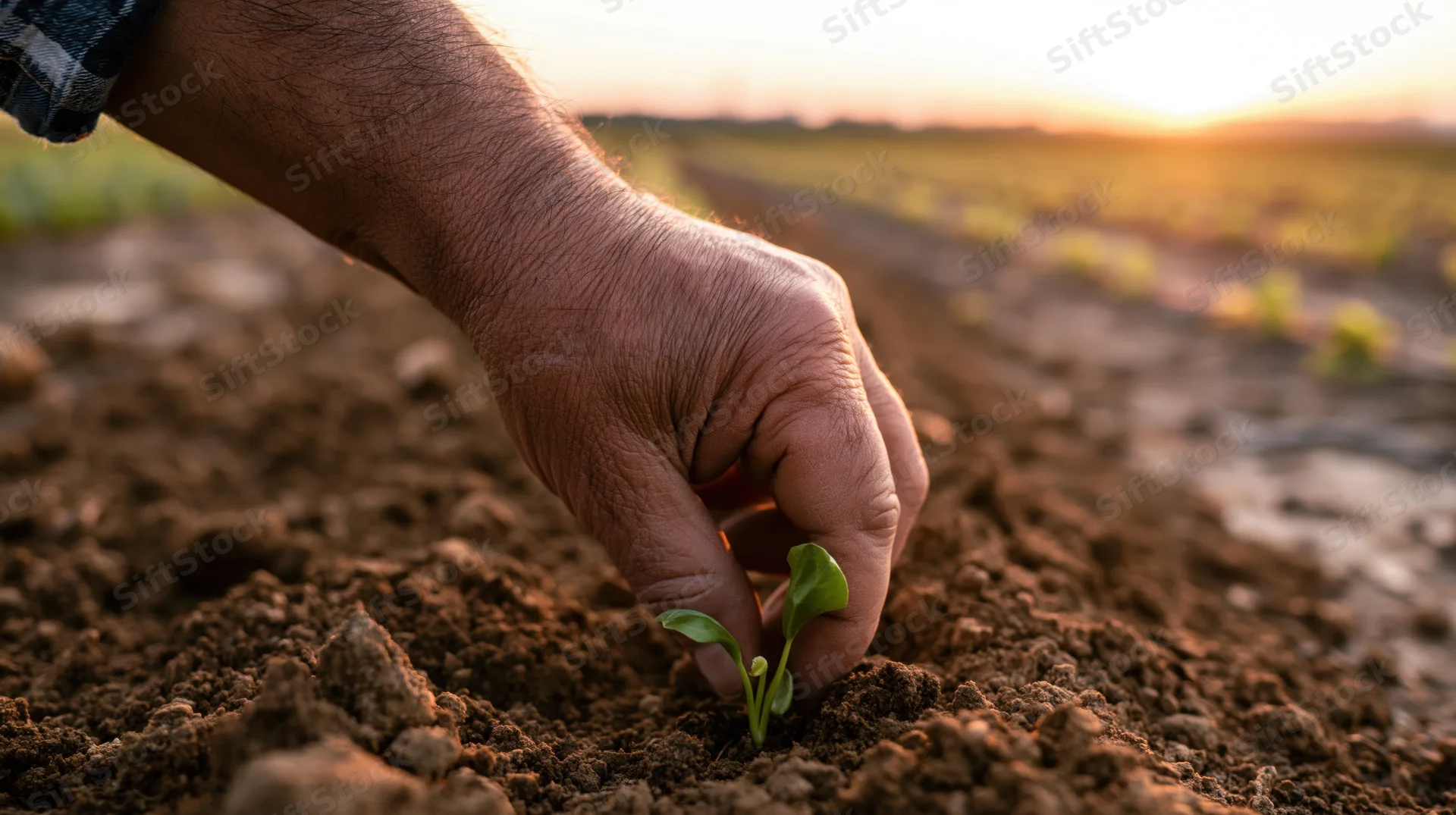 Farmer's hand planting a small green seedling in tilled soil at sunrise in a rural field