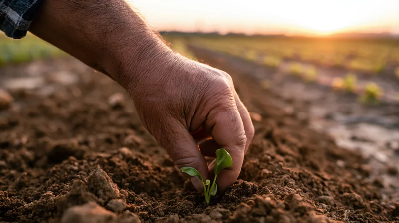 Farmer's hand planting a small green seedling in tilled soil at sunrise in a rural field
