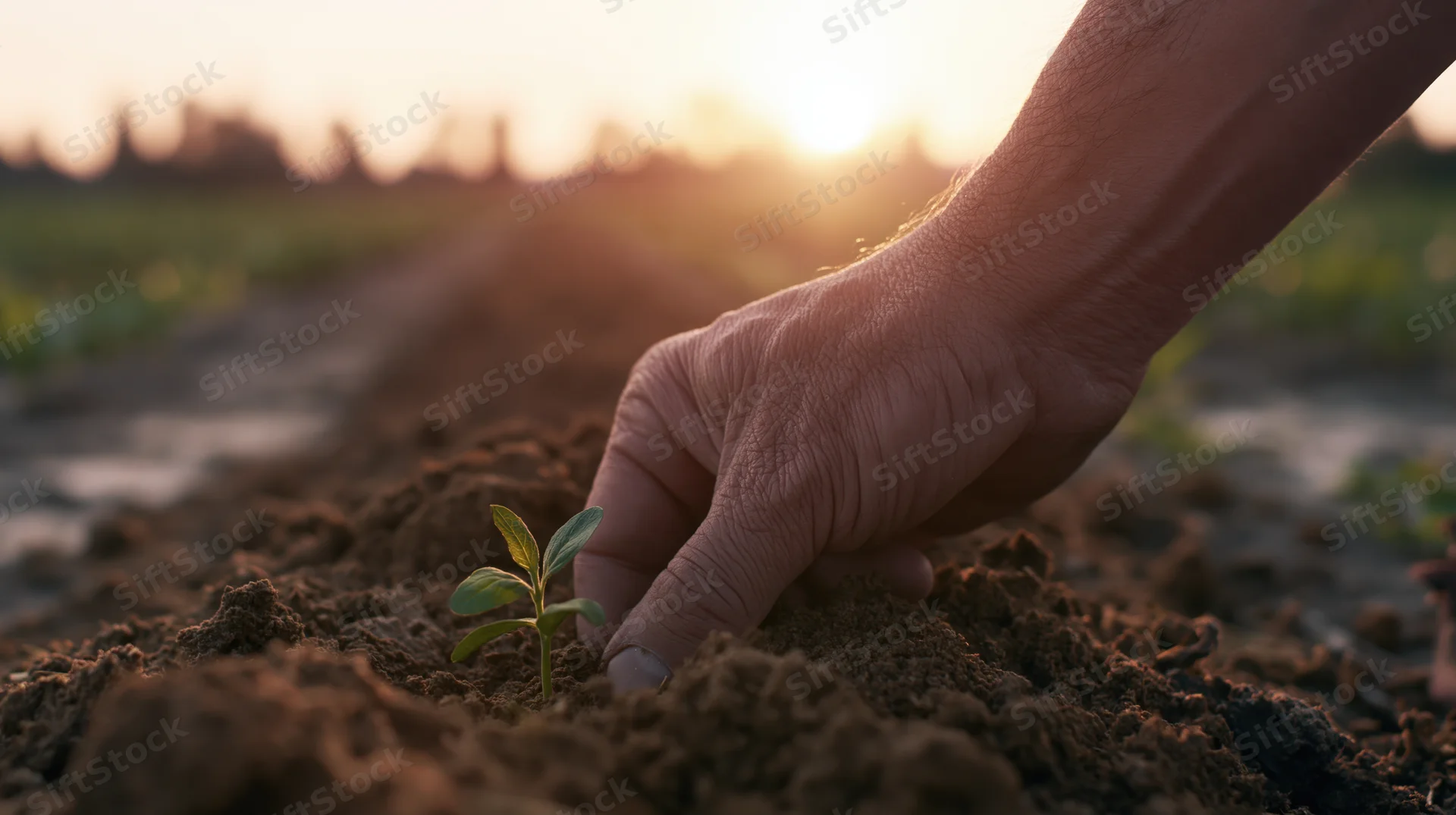 Farmer's hand planting a seedling in soil at sunset