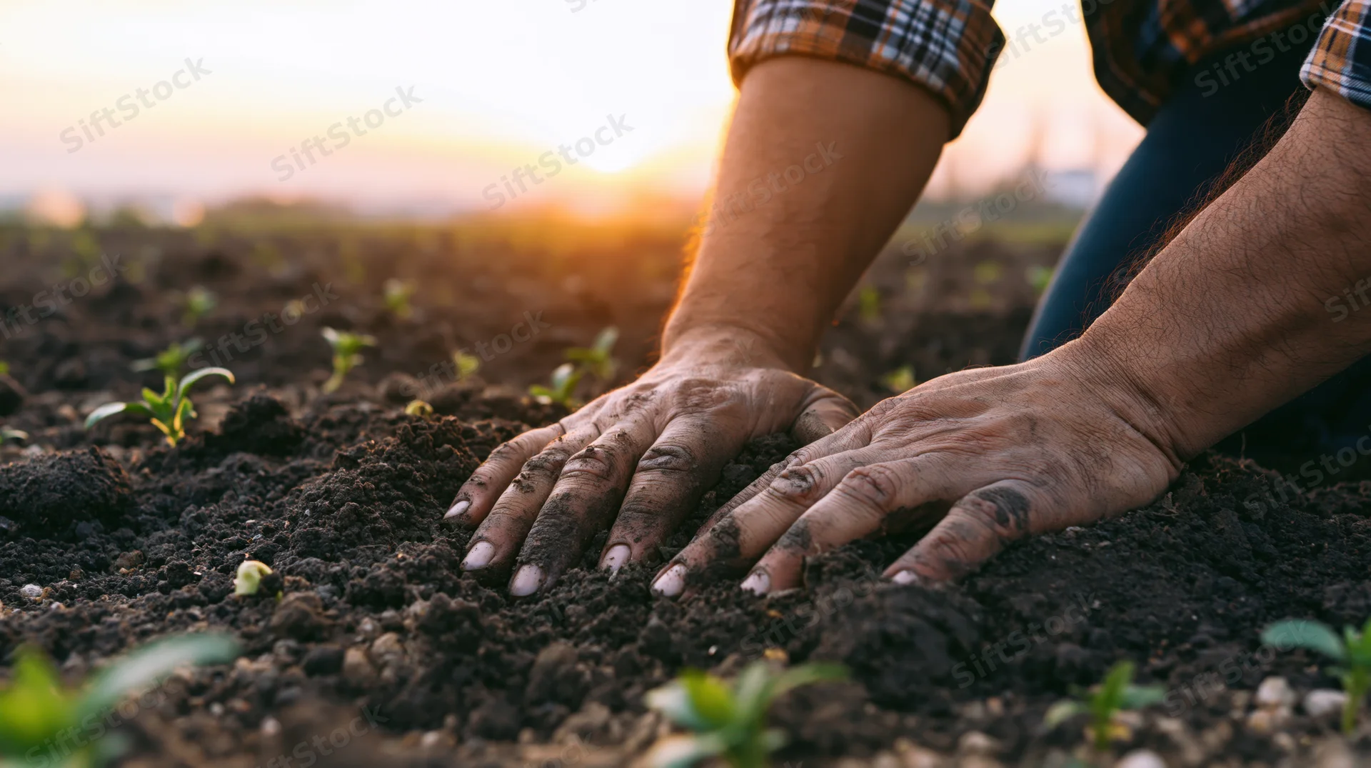 Hands planting seedlings in soil at sunset in a garden field