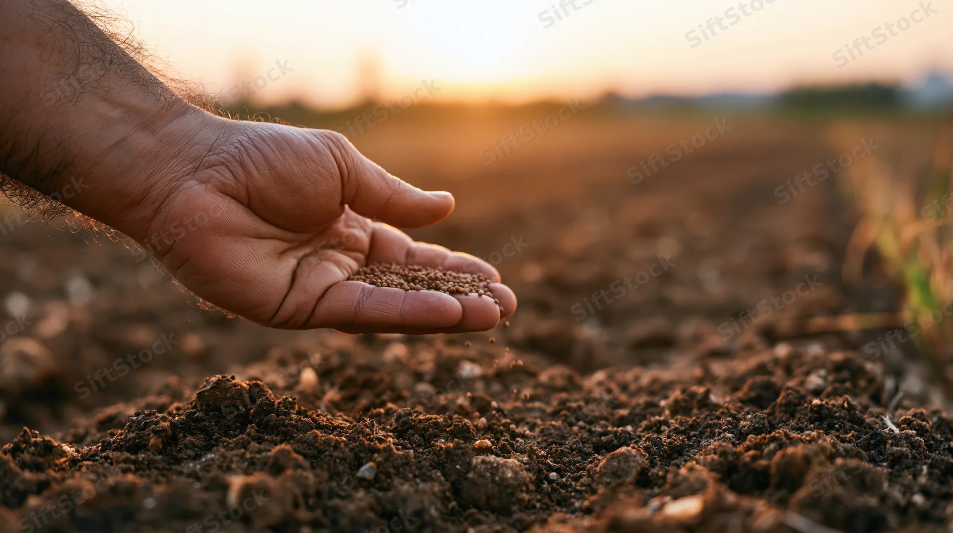 Hand holding seeds over tilled soil at sunset in a farm field