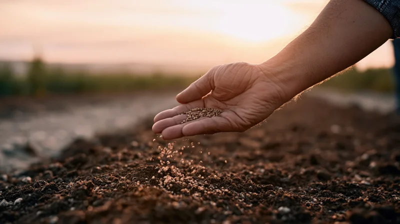 Hand scattering seeds onto tilled soil at sunset