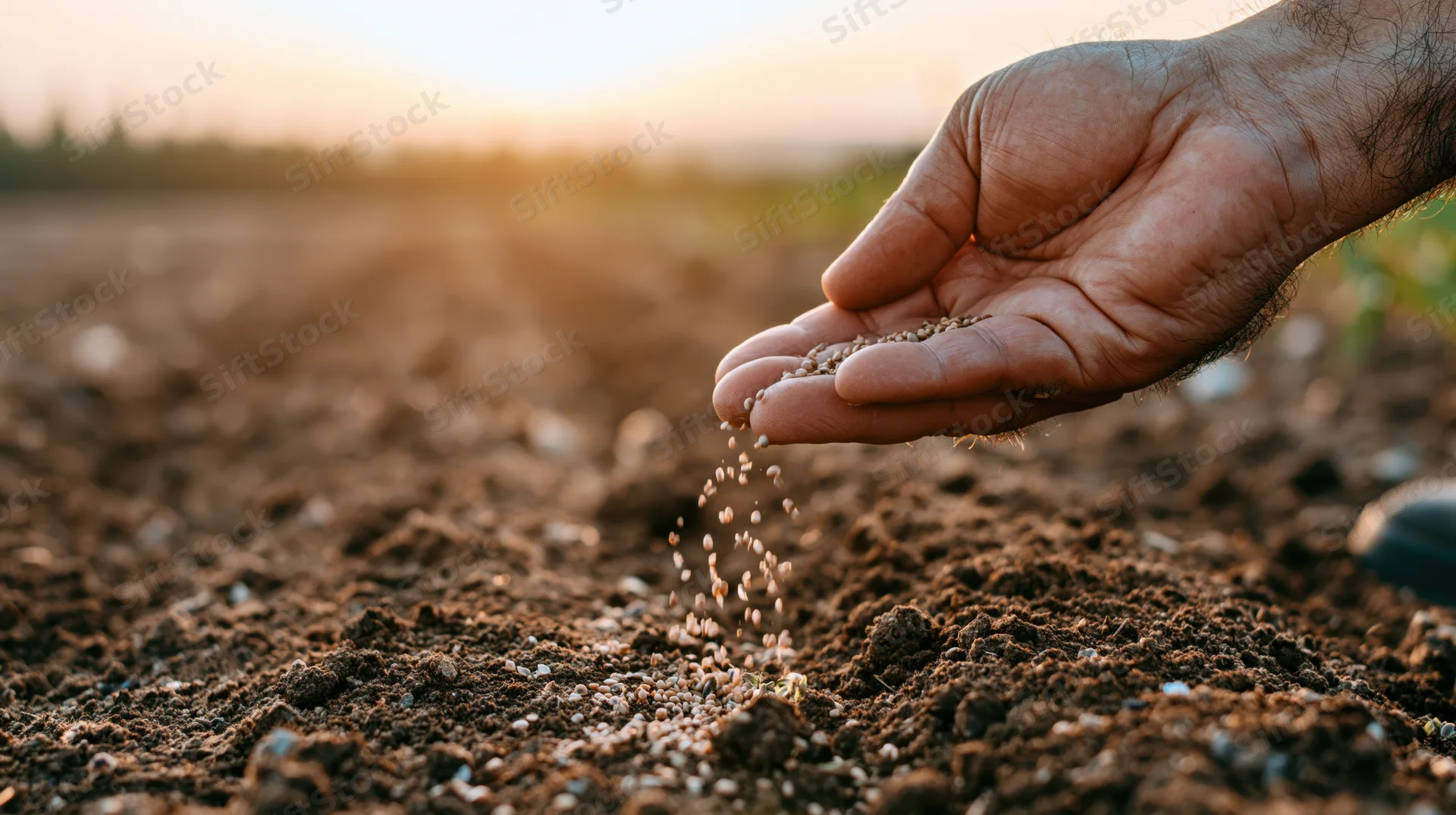 Hand scattering seeds onto tilled soil in a field at golden hour