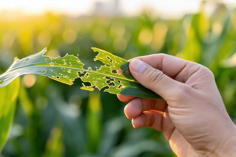 Hand holding damaged corn leaf in field during sunlight