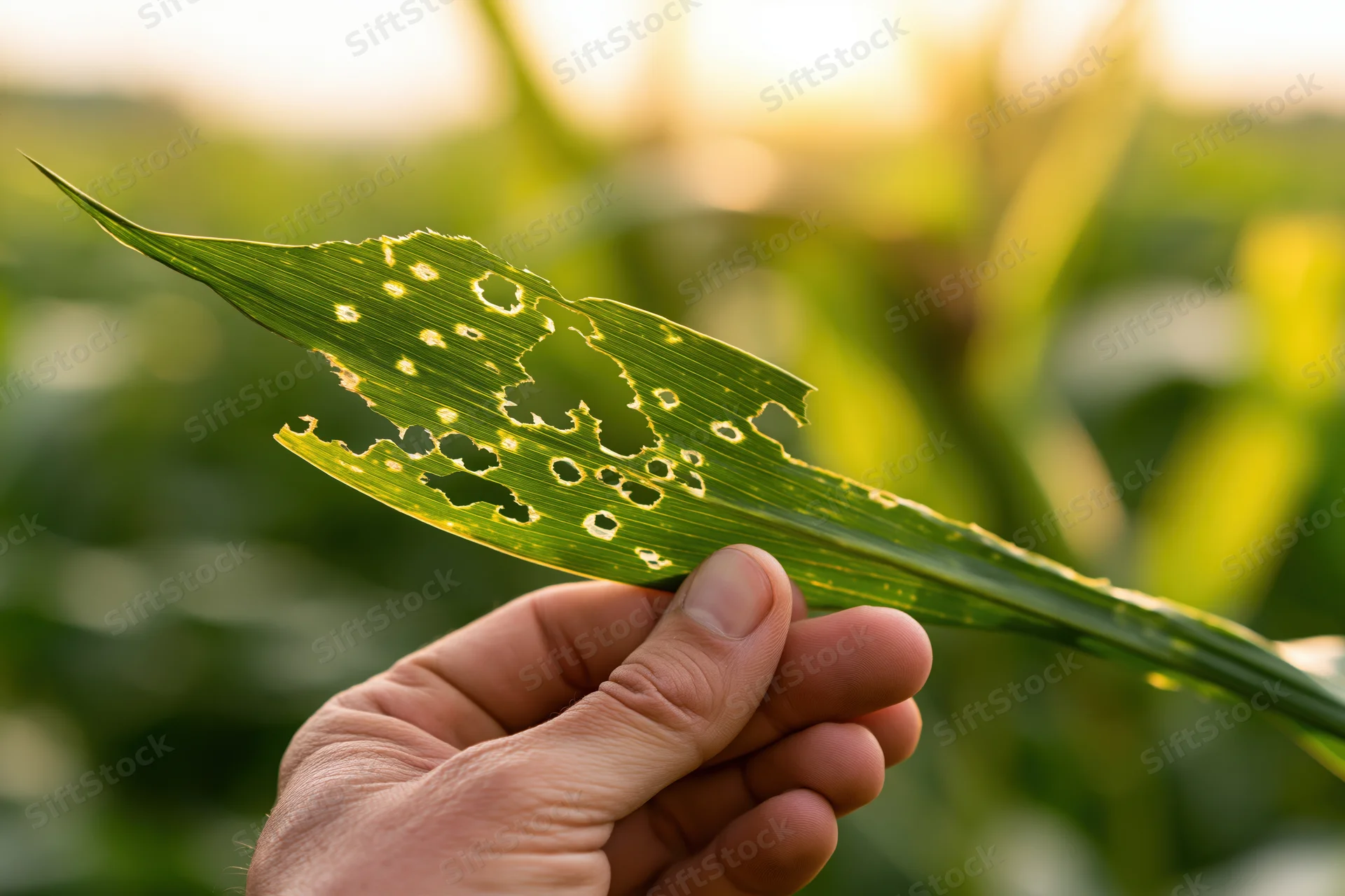 Hand holding damaged corn leaf in field during daytime inspection