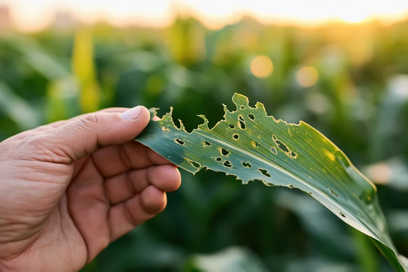 A farmer's hand holding a damaged corn leaf in a field at sunset
