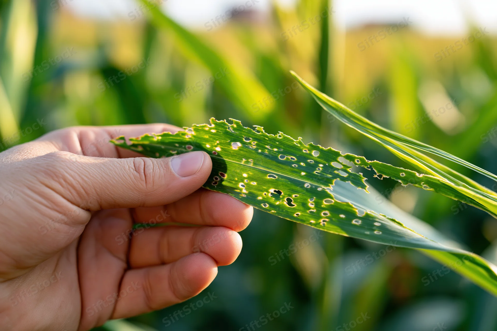 Hand holding damaged corn leaf in a field for inspection