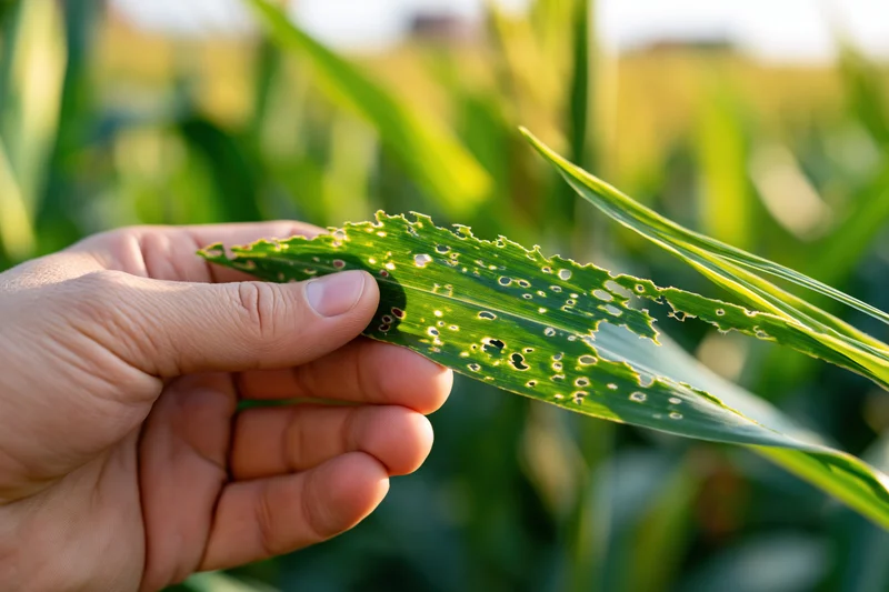 Hand holding damaged corn leaf in a field for inspection