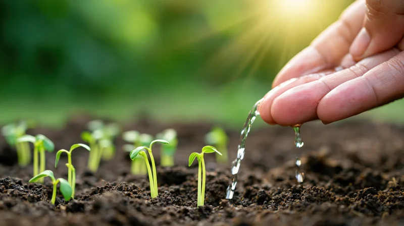 Hand watering small green seedlings in dark soil under sunlight