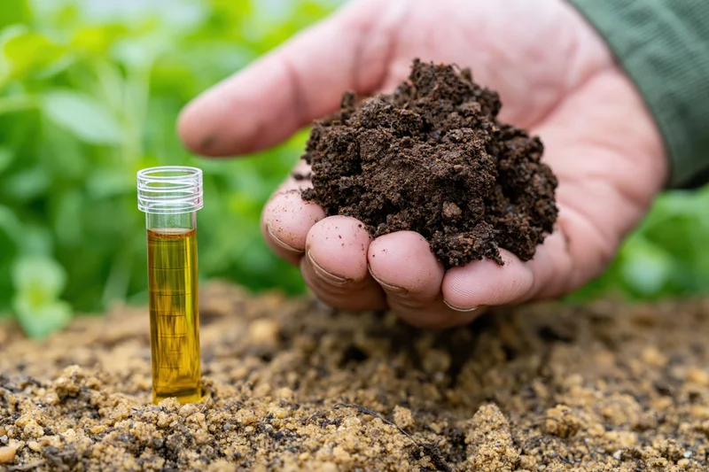 Hand holding soil sample next to test tube with yellow liquid in garden setting