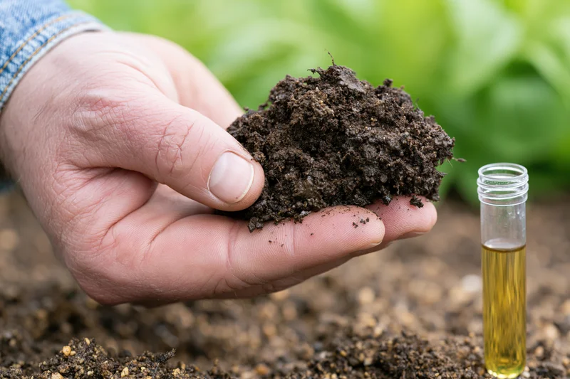 Hand holding soil sample next to glass vial with golden liquid in garden setting
