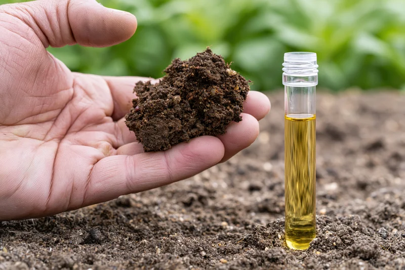 Hand holding soil sample next to test tube with golden liquid in garden setting