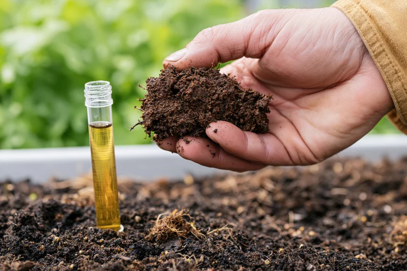Hand holding soil sample over garden bed with test vial inserted in soil