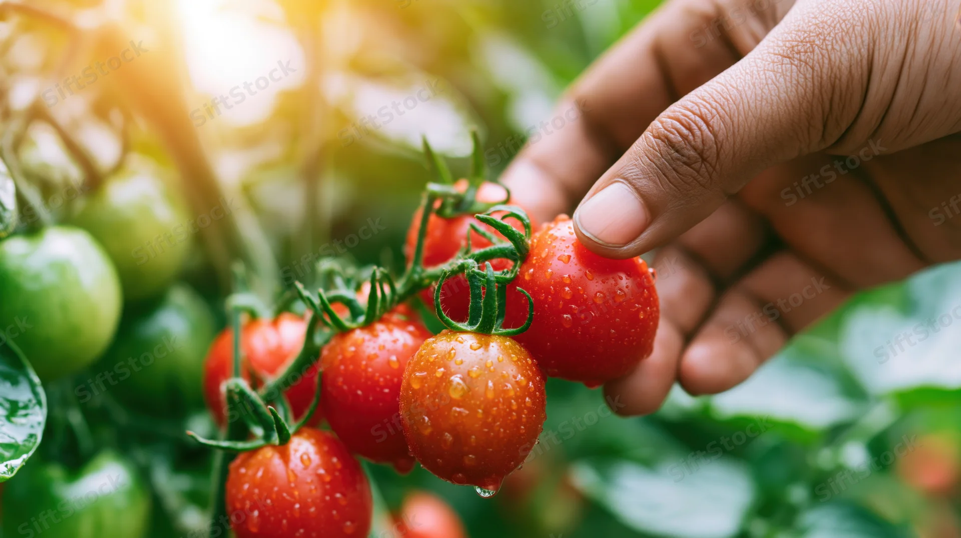 Hand picking ripe cherry tomatoes from a vine in a sunlit garden