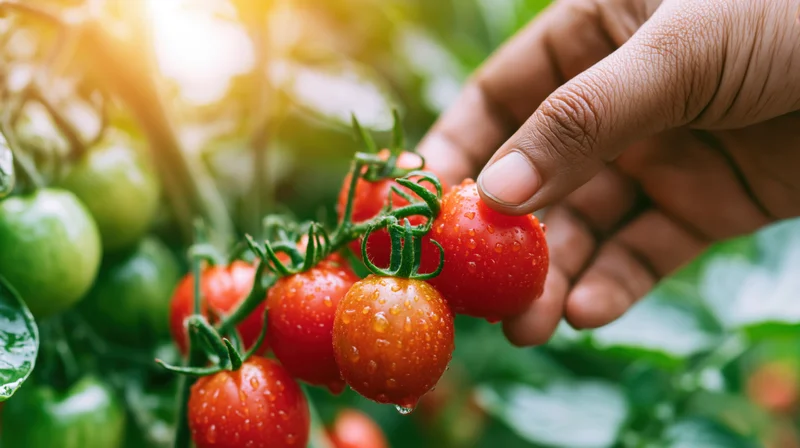 Hand picking ripe cherry tomatoes from a vine in a sunlit garden