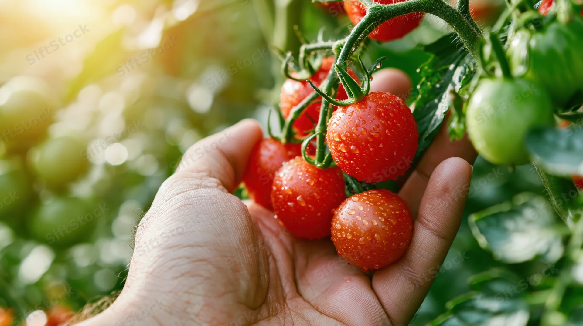 Hand holding ripe red tomatoes on vine in garden