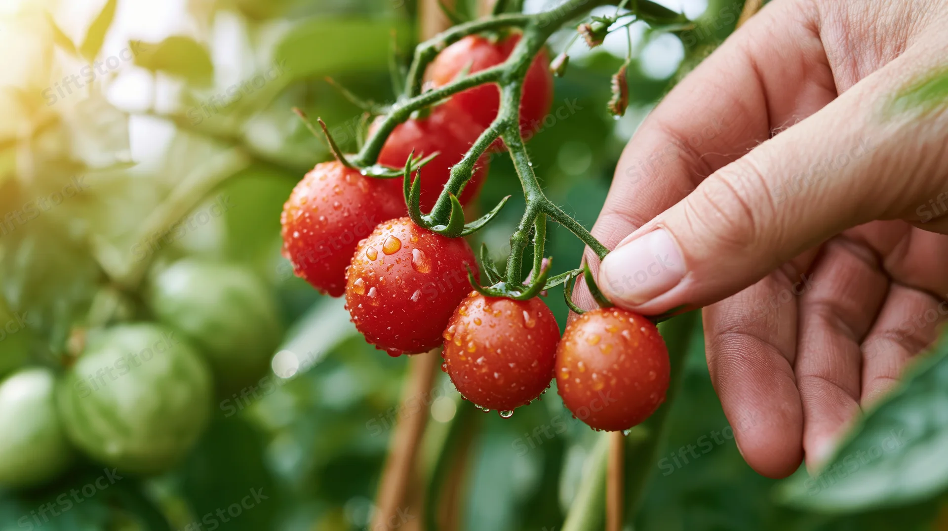Hand picking ripe cherry tomatoes from a vine in a garden