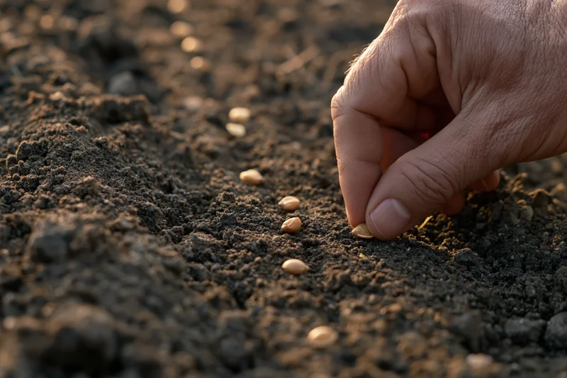 Hand placing seeds into tilled soil in a field