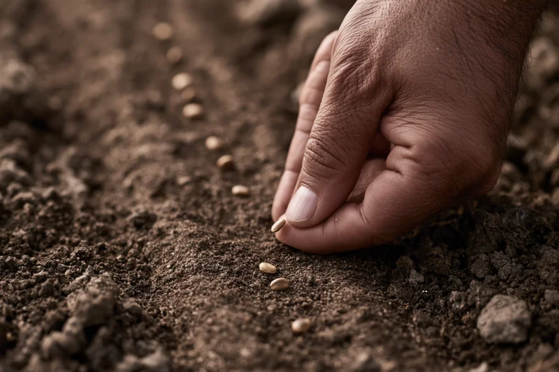 Hand placing seeds into tilled soil in a farm field