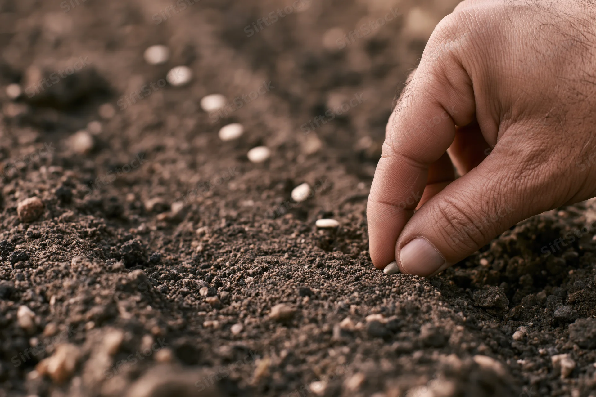 Hand placing seeds in soil for planting