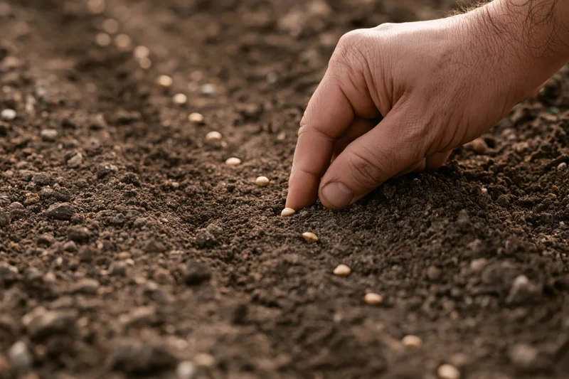 Hand placing seeds into tilled soil in a garden bed