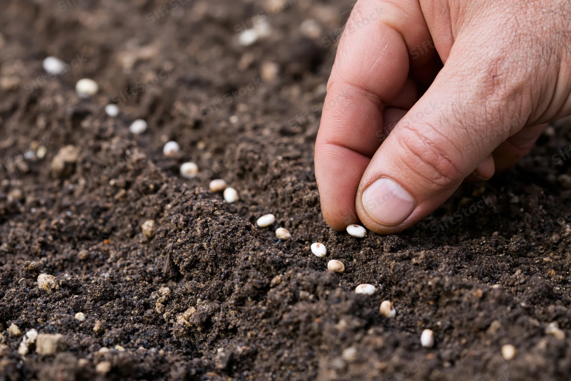 Hand placing seeds into dark soil in a garden bed