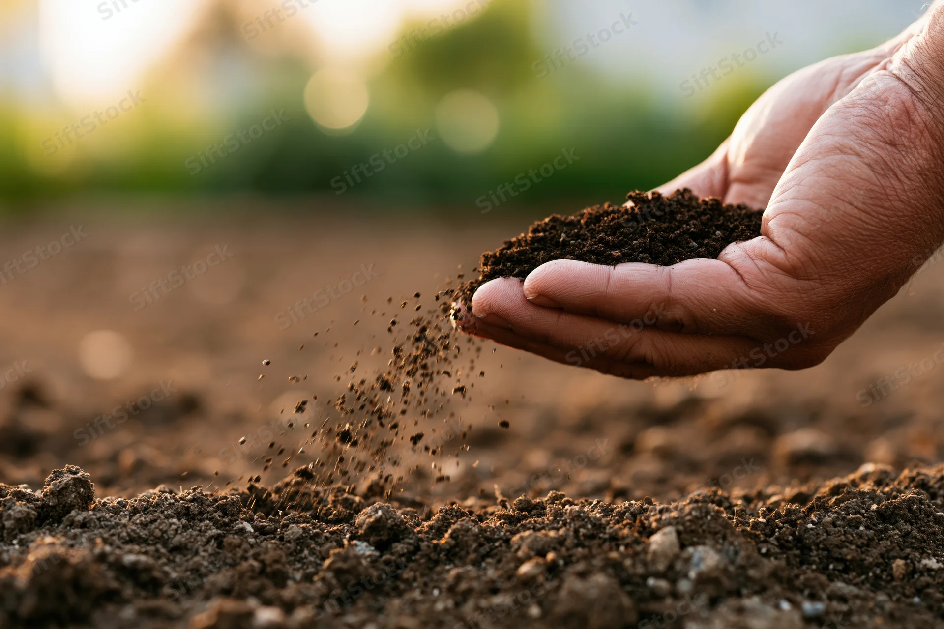 Hand holding and sprinkling soil over tilled earth in a field