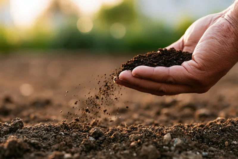 Hand holding and sprinkling soil over tilled earth in a field