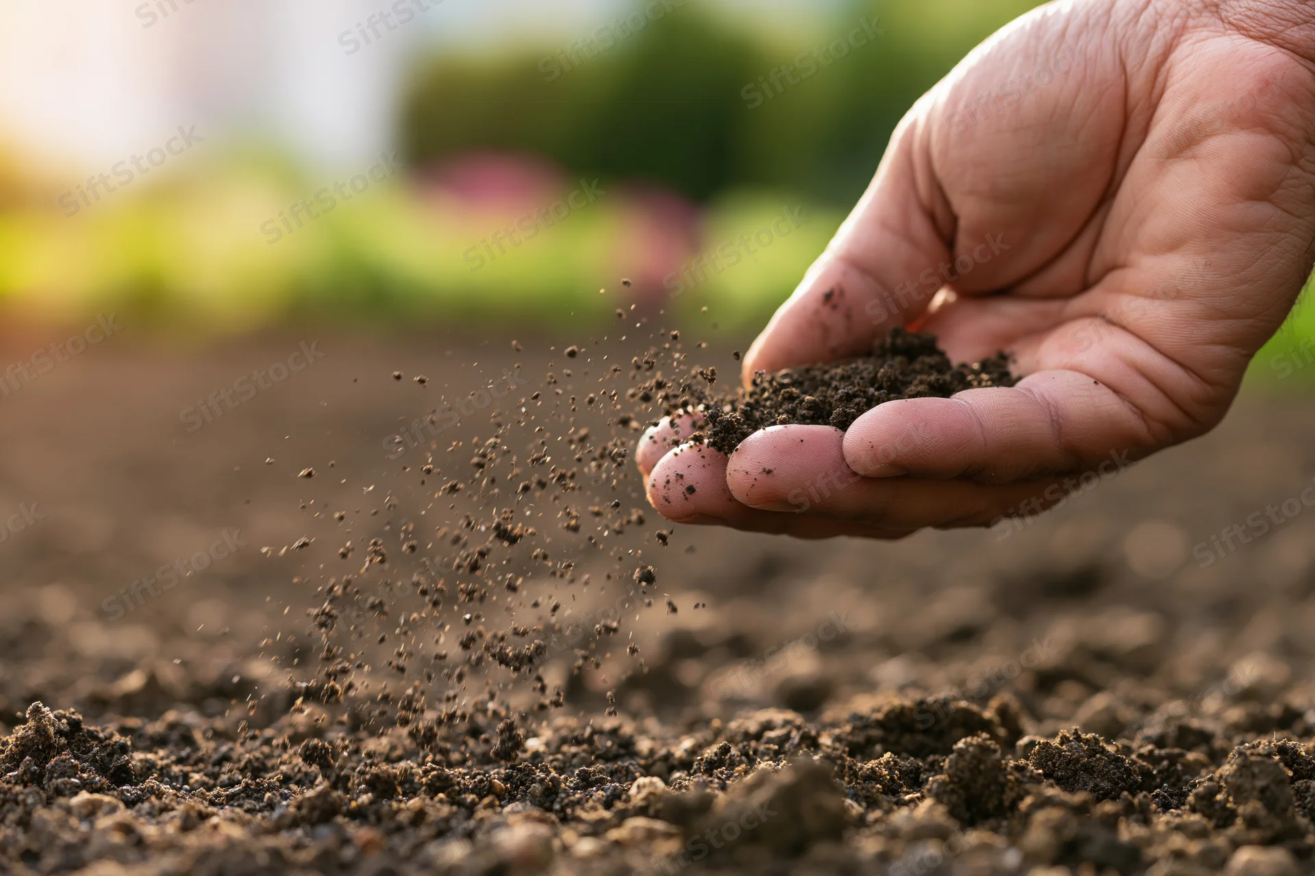 Hand holding and sprinkling soil over tilled earth in a garden field