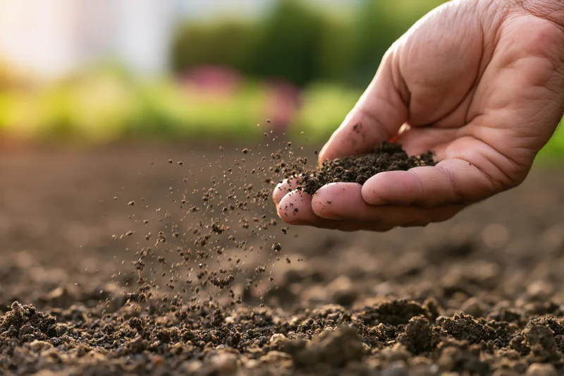 Hand holding and sprinkling soil over tilled earth in a garden field