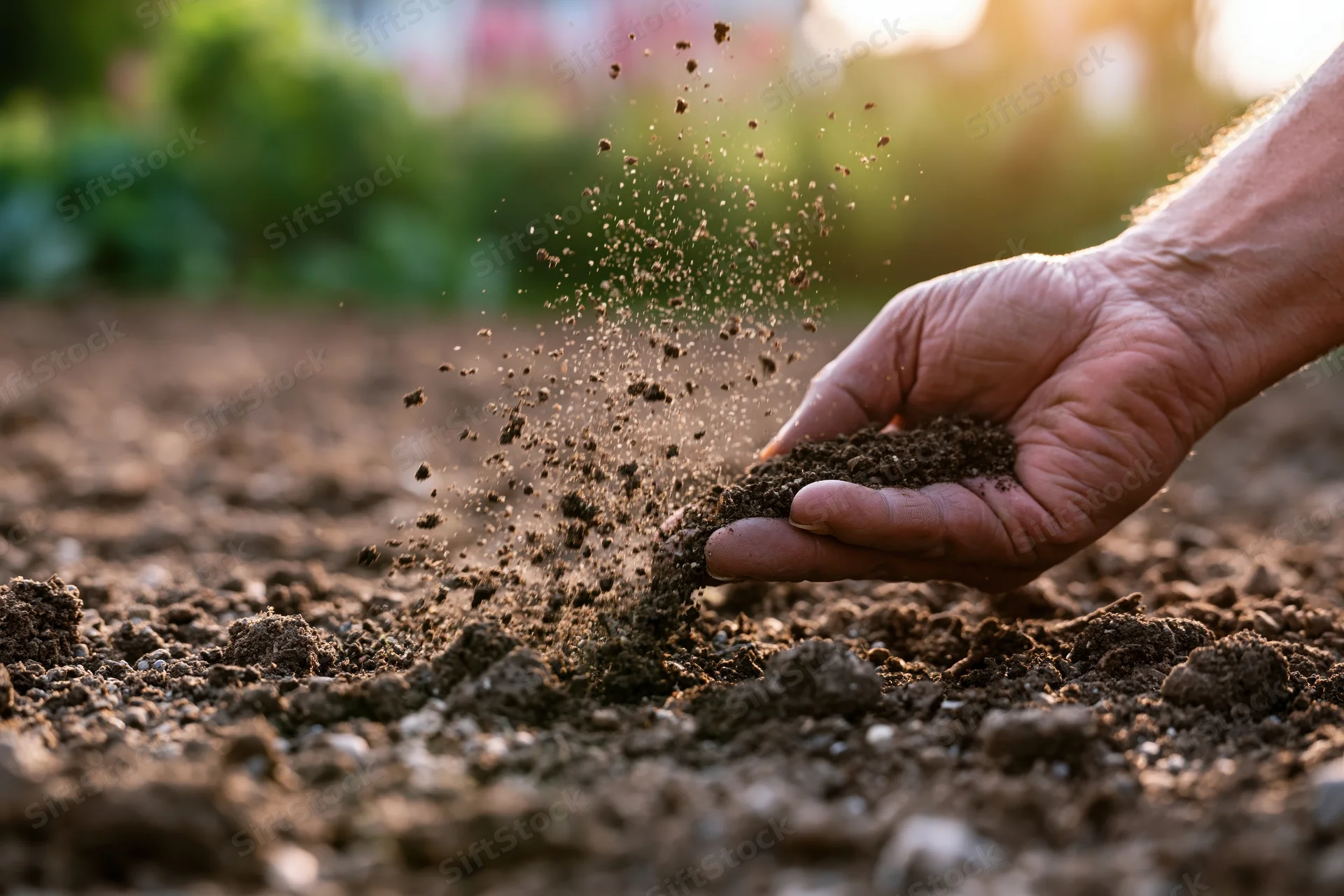 Hand sprinkling soil over tilled ground in a garden at sunset
