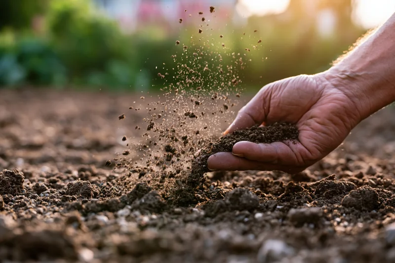 Hand sprinkling soil over tilled ground in a garden at sunset