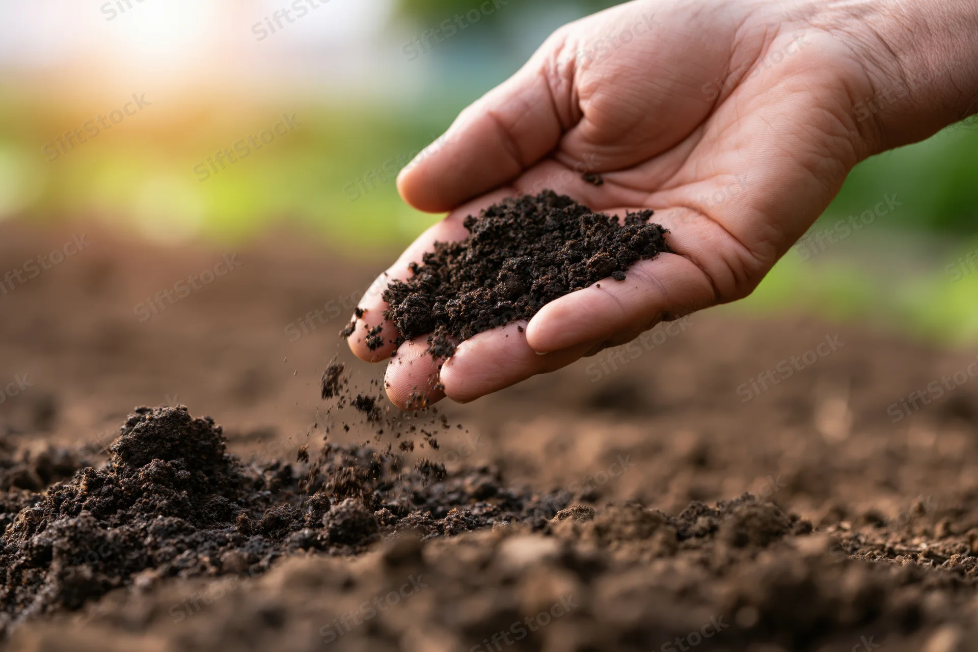 Hand holding dark soil over tilled earth in a garden field