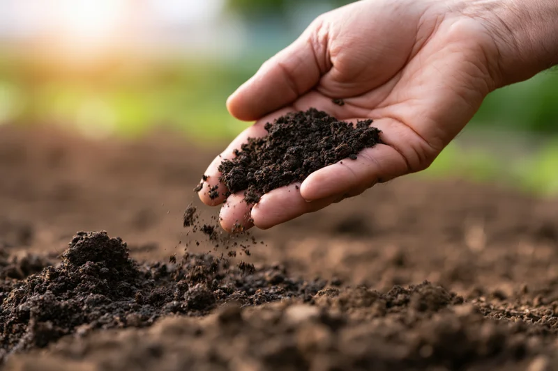 Hand holding dark soil over tilled earth in a garden field