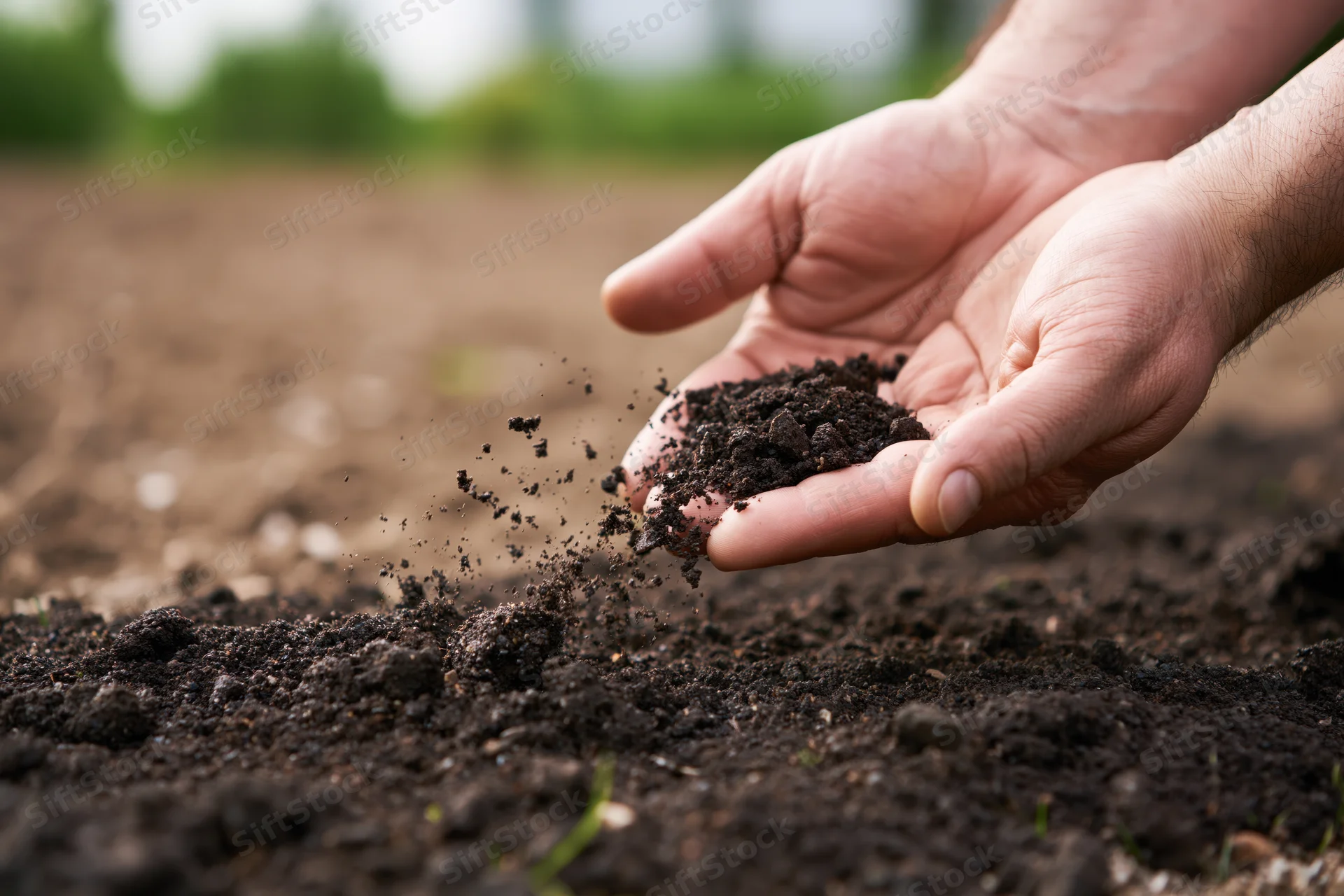 Hands holding and sprinkling dark soil over tilled earth in a garden field