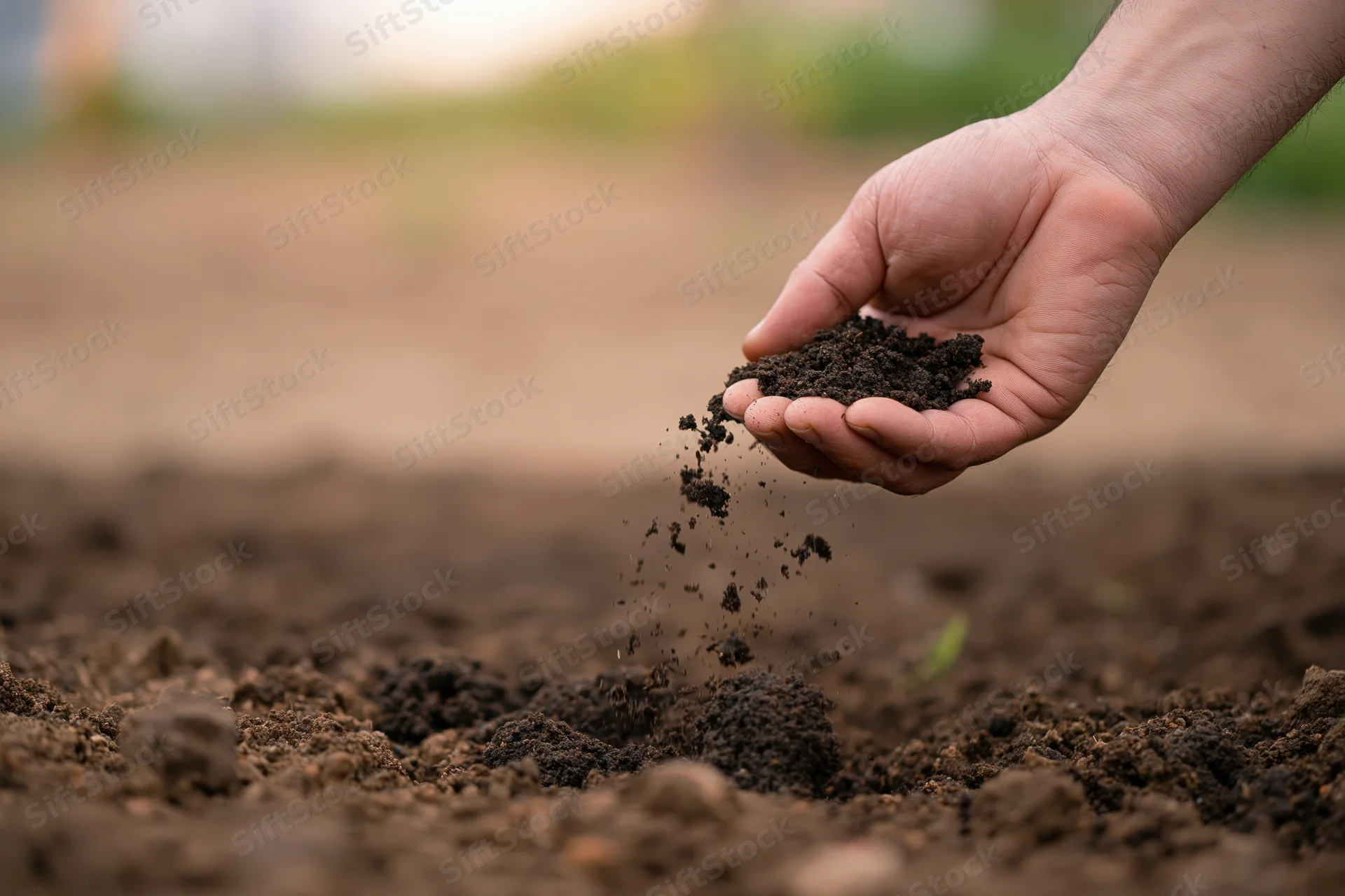 Hand holding and sprinkling soil over tilled farmland