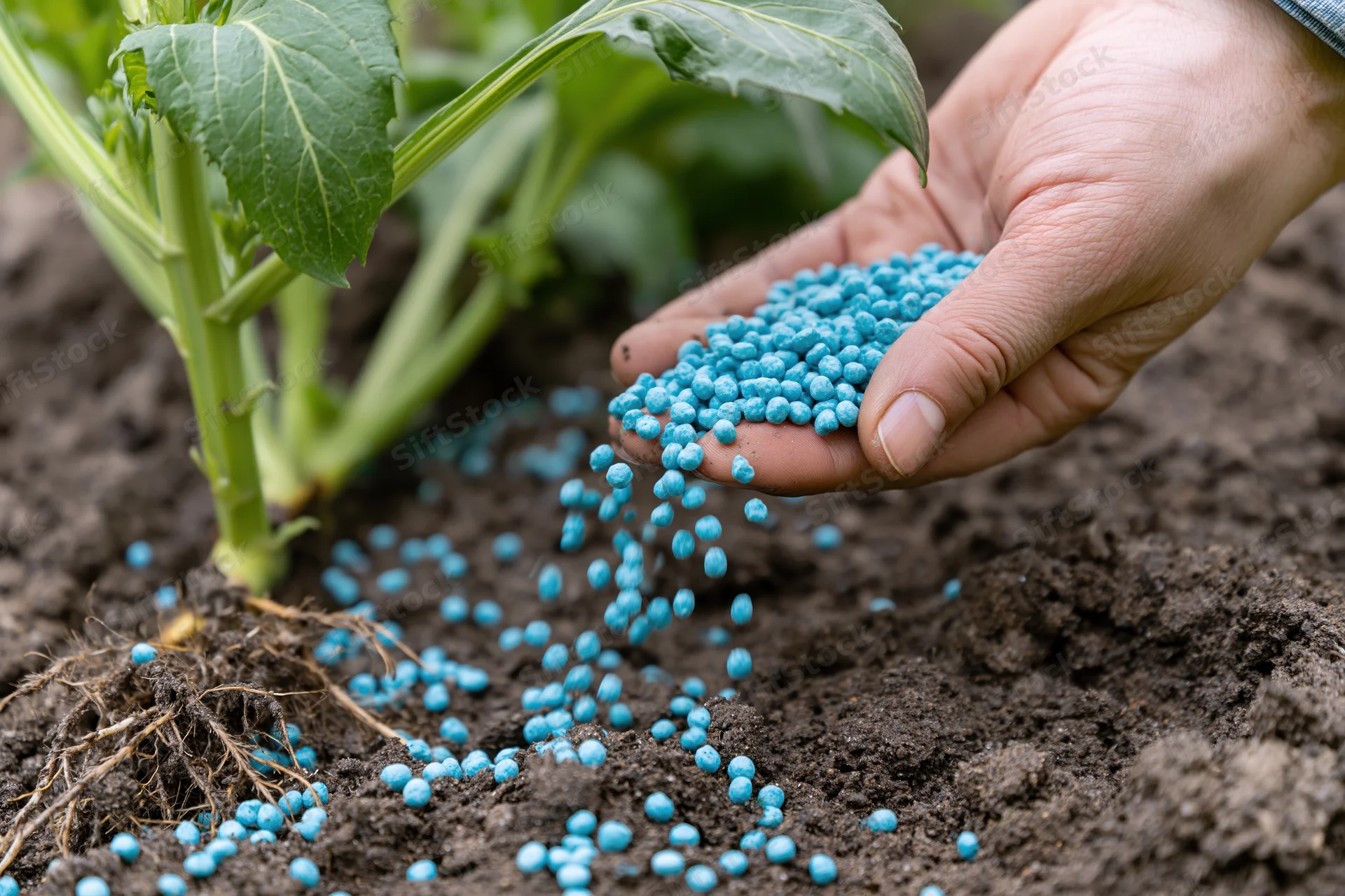 Hand sprinkling blue fertilizer granules onto soil near a green plant root