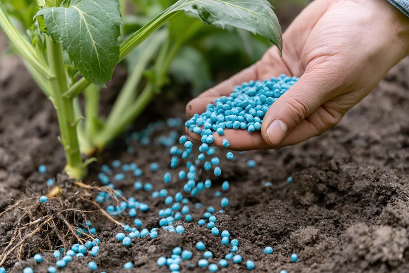 Hand sprinkling blue fertilizer granules onto soil near a green plant root