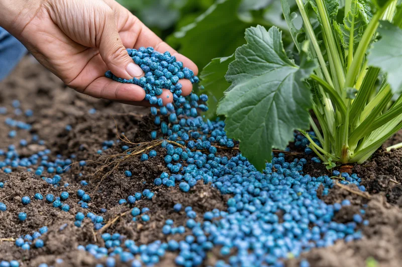 Hand sprinkling blue fertilizer granules onto soil beside a green leafy plant in a garden