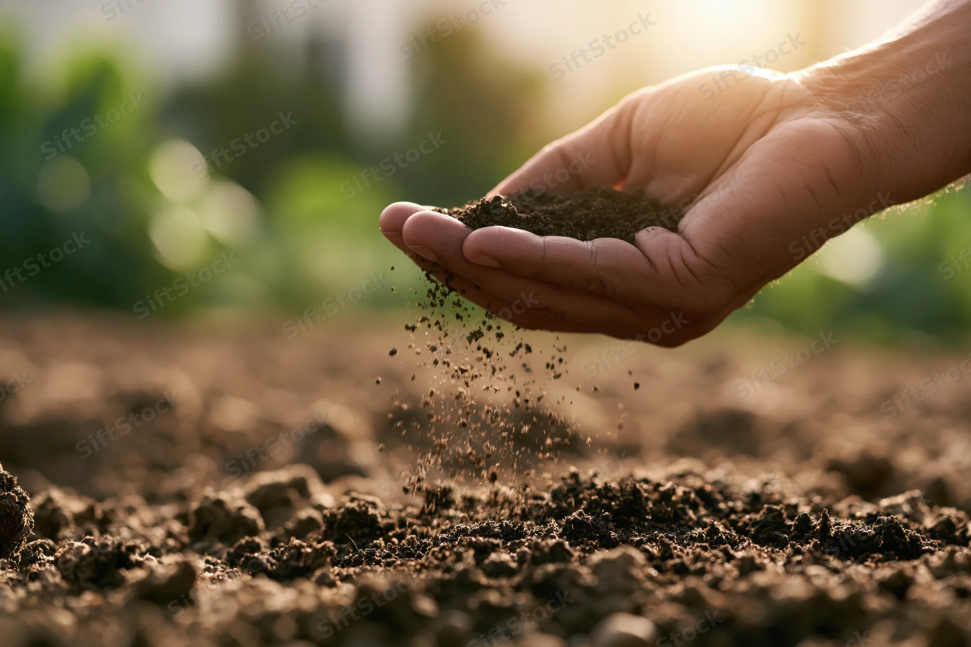 Hand holding and sprinkling soil over tilled earth in a garden field