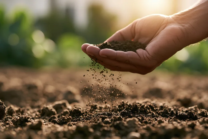 Hand holding and sprinkling soil over tilled earth in a garden field