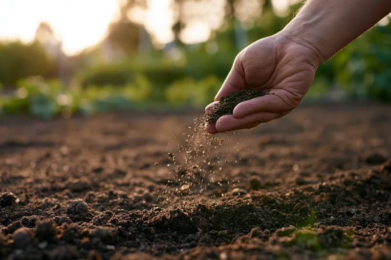 Hand sprinkling soil over tilled earth in a garden at sunset