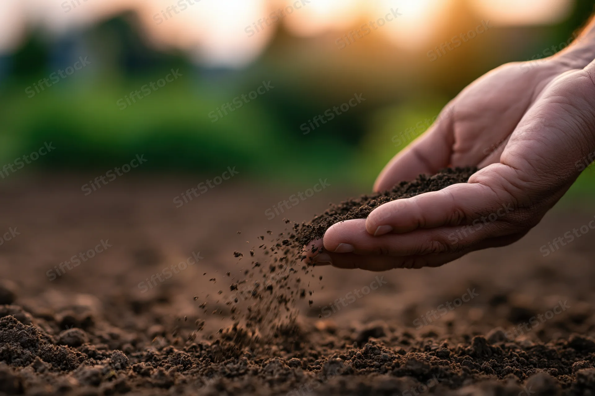 Hand sprinkling soil over tilled earth in a field at sunset