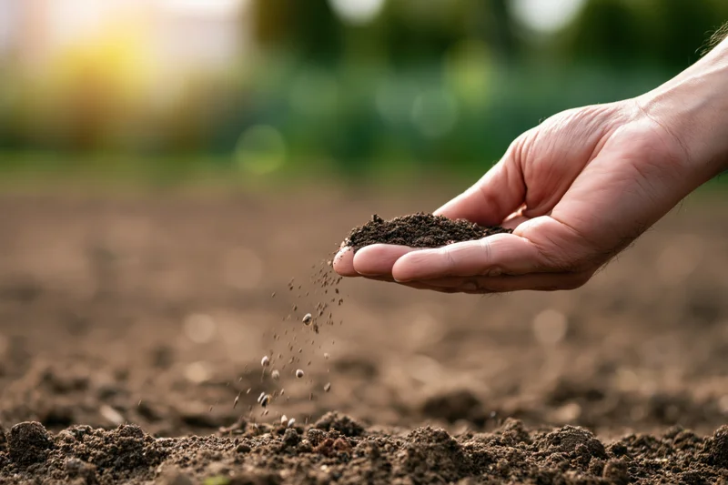 Hand sprinkling soil over tilled field in daylight