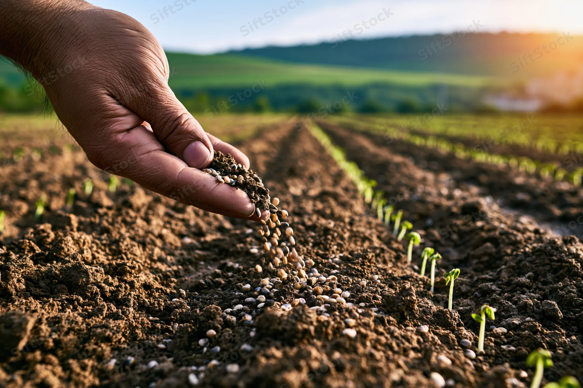 Hand scattering seeds over tilled soil in a cultivated field at sunset