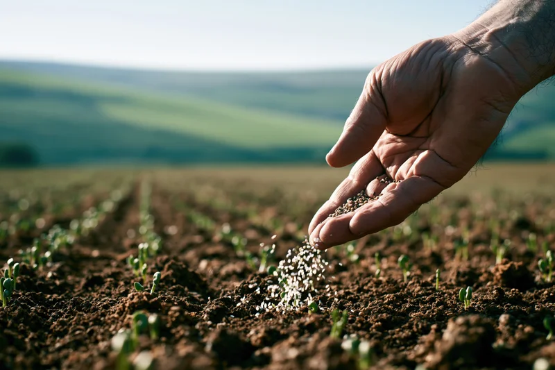 Hand sprinkling seeds onto tilled soil in a cultivated field