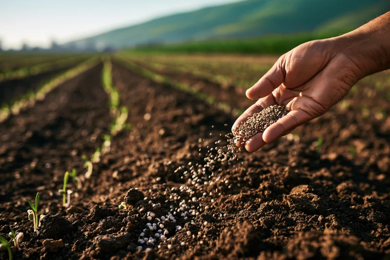 Hand scattering seeds over tilled soil in a cultivated field