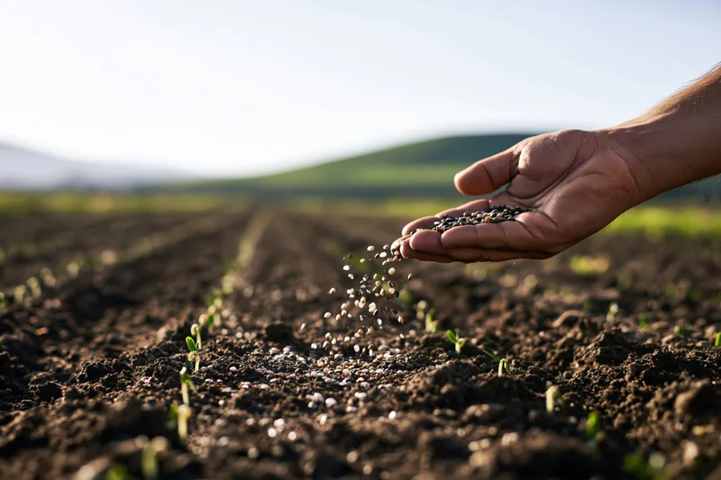 Hand scattering seeds over tilled soil in a field with young sprouts emerging